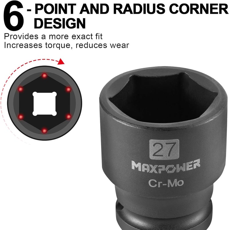 Max Power 1/2 Inch Drive 27mm Standard Impact Socket, Made with Heat-Treated Chrome Molybdenum Steel, 6-Point Design, Metric - Image 3